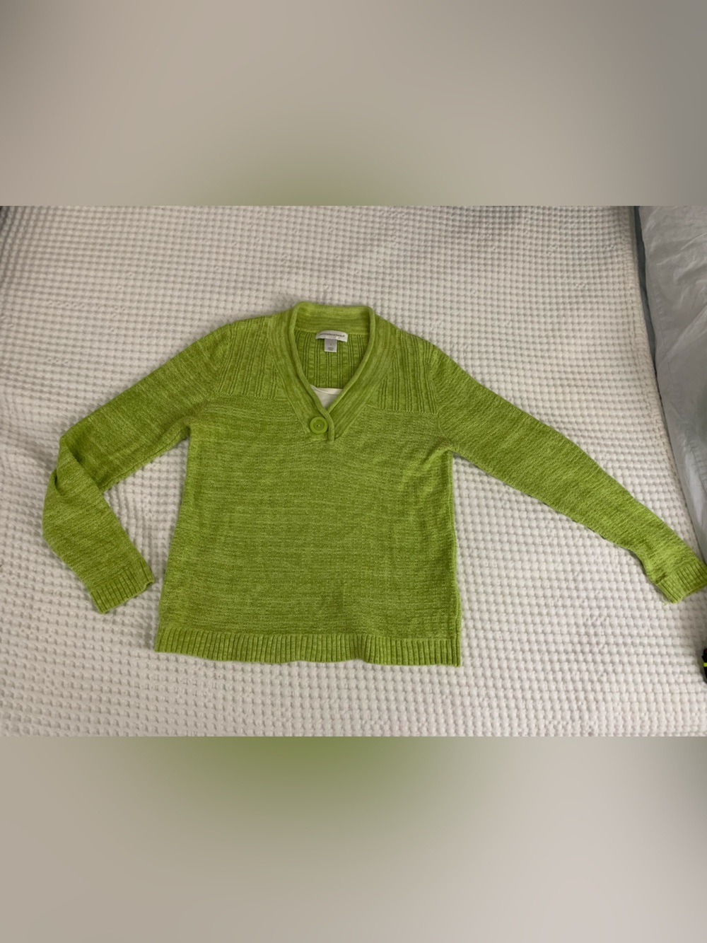 Christopher & Banks Lime Green V-Neck Pullover with Button Accent Size Small